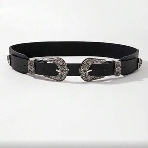 Black Western Vegan Leather Double Buckle Belt